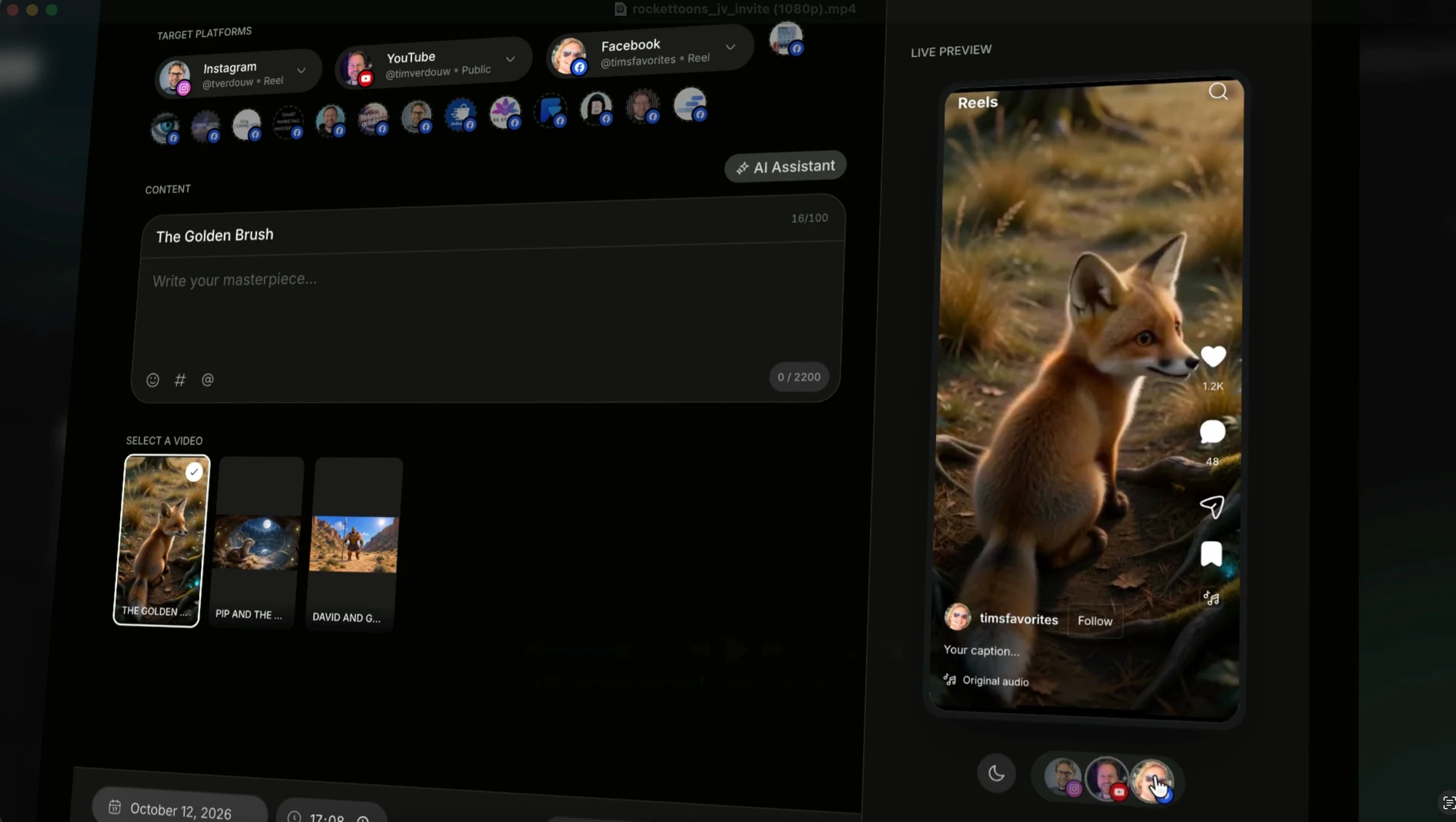 RocketToons social publishing screen with platform selectors and a vertical fox video preview
