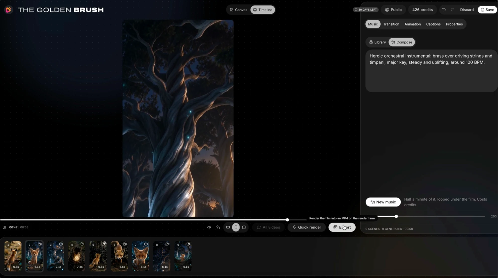 RocketToons Golden Brush timeline with nine scene thumbnails, music composition and export controls